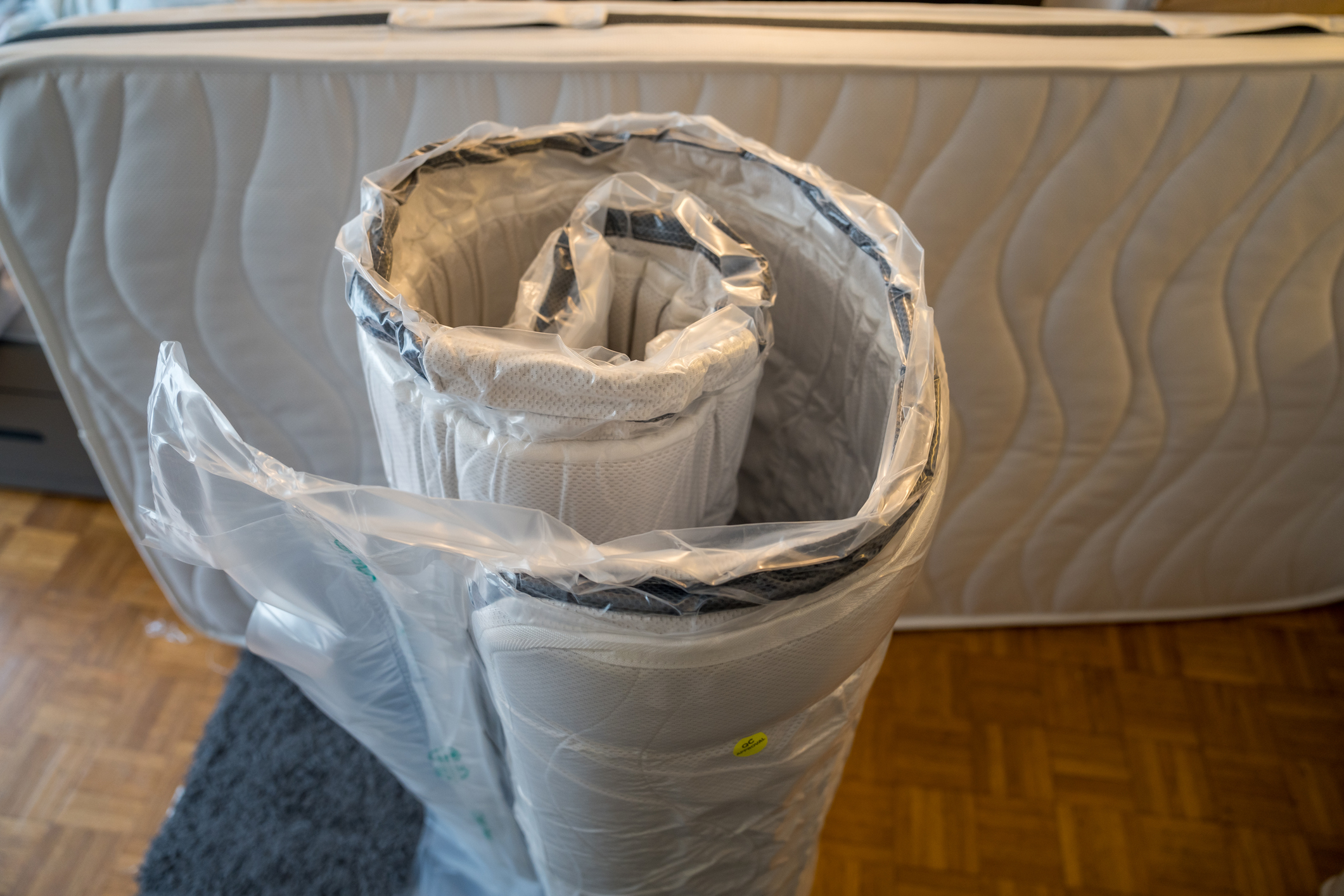 A mattress in a box decompressing